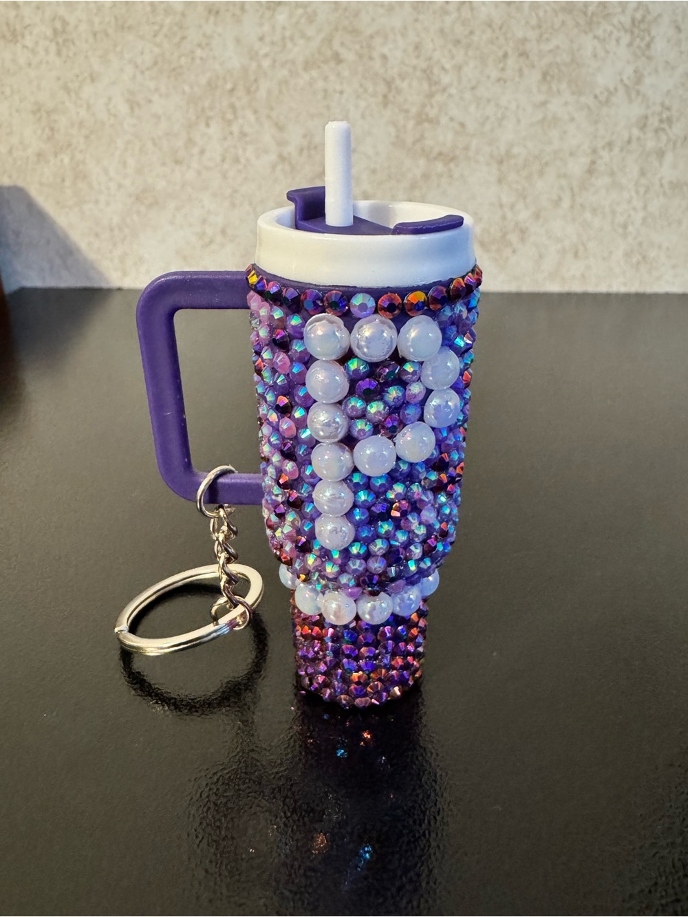 Purple Bejeweled Travel Tumbler Keychain chapstick storage.